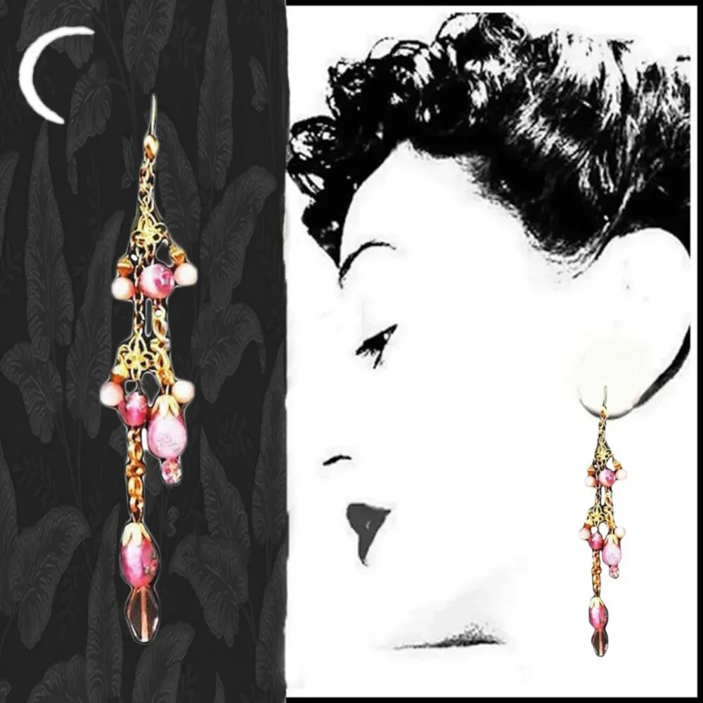 Extra Long Cluster Chain Earrings with Pink Lamp Beads are Recycled Vintage